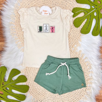 Conj. Blusa Paris e Short em Moletinho - Areia e Verde